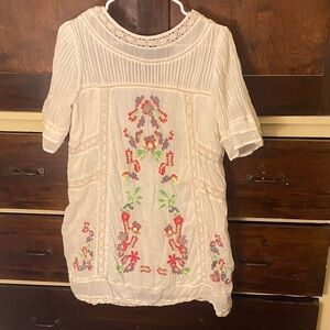 Free People Cream Mini Dress with Floral Embroidery